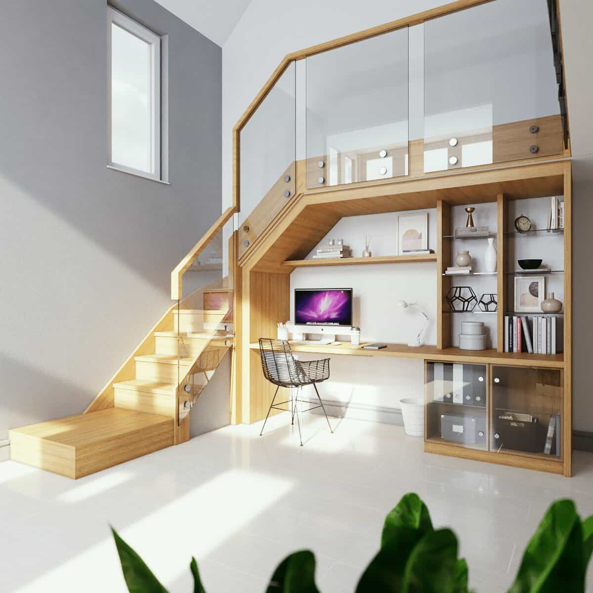 Modern home office with stairs and glass railing.