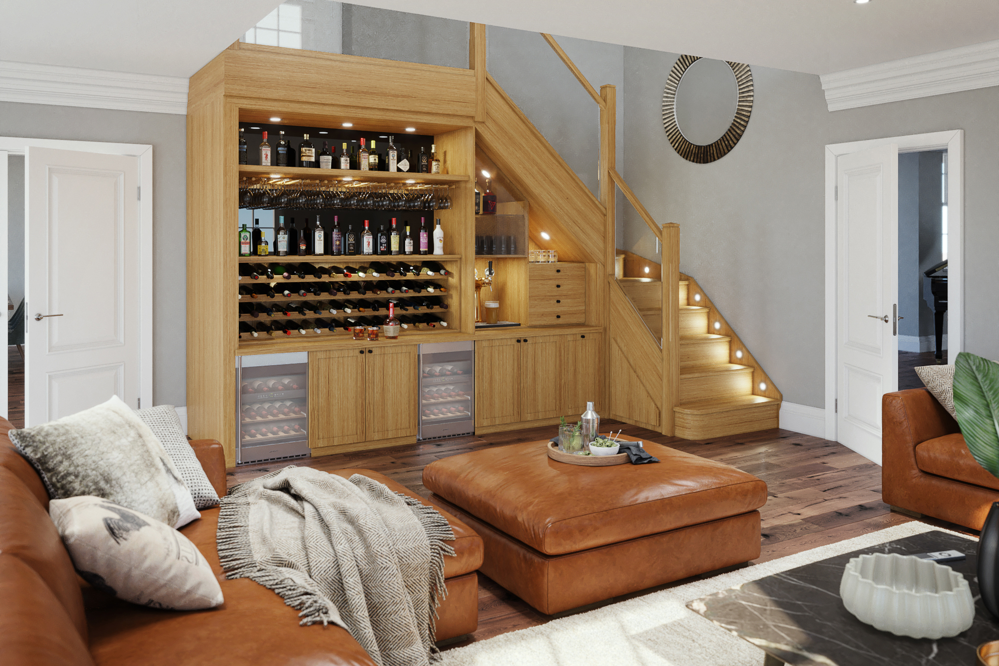 A living room with a wine storage unit under a staircase, a brown leather sectional, and warm lighting.