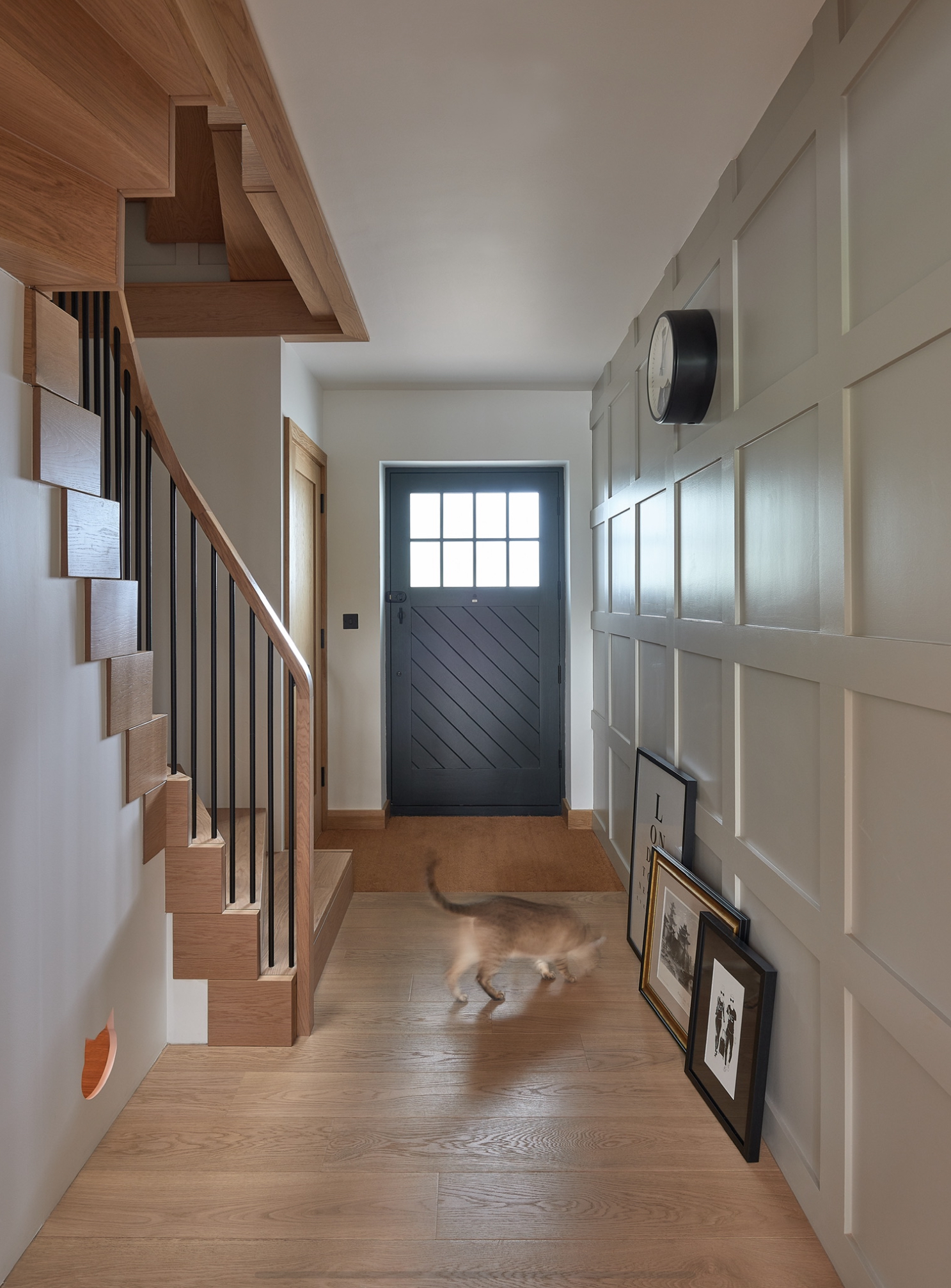 A cat running out from an in-build understairs pet haven.