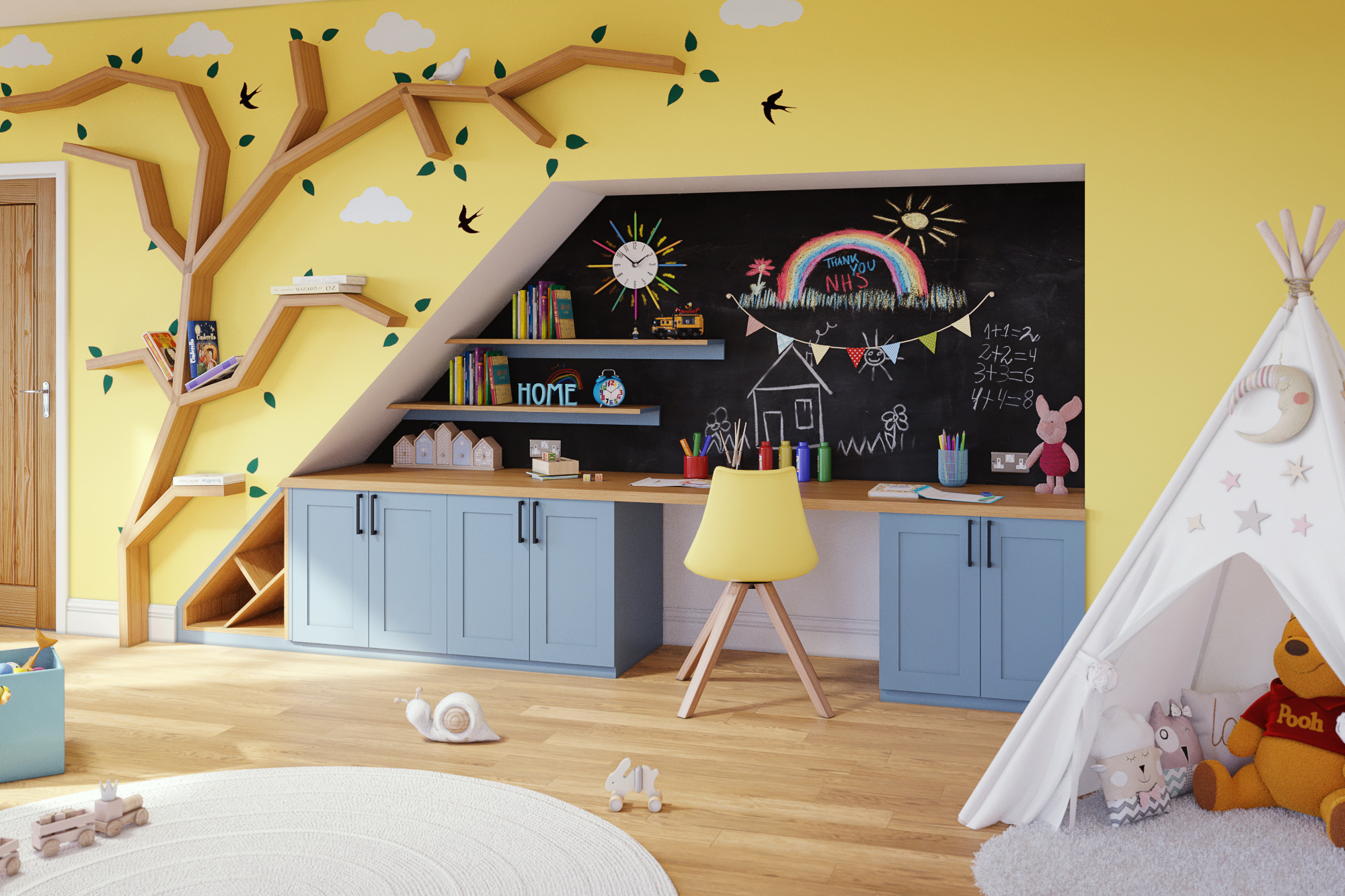 A compact children’s desk and play area built in an understairs nook.