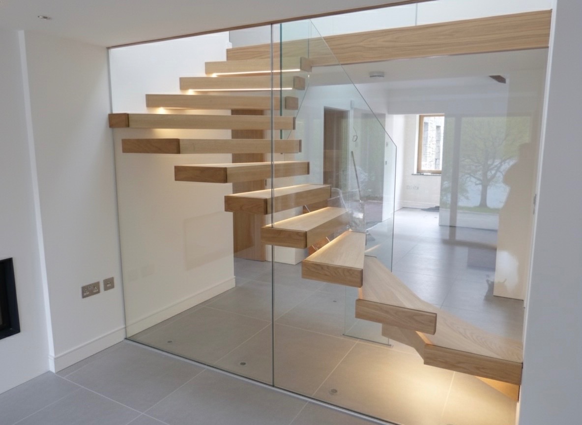 Cantilevered wooden staircase with turning treads, concealed lighting and full-height frameless glass panels in a white interior.