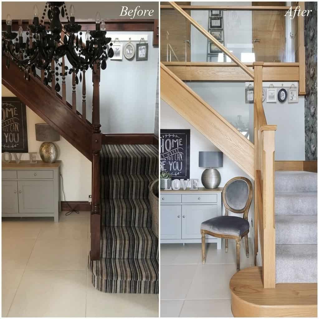 Before and after staircase renovation, replacing dark wooden spindles and striped carpet with oak, glass panels and grey carpet.