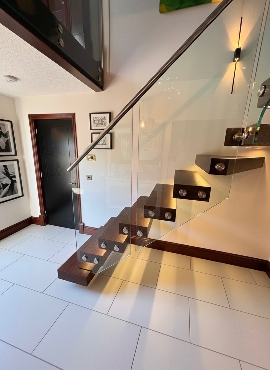 Dark wooden floating staircase with illuminated open treads, a frameless glass balustrade and a metal handrail above a white tiled floor.