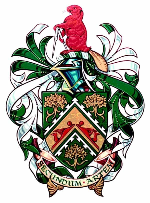 Colorful coat of arms featuring a beaver and foliage.
