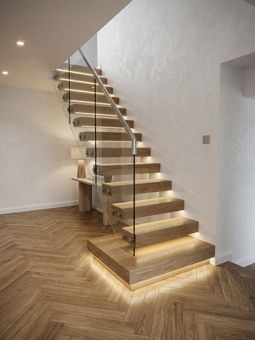 Floating oak staircase with illuminated open treads, a glass balustrade and a metal handrail above herringbone flooring.