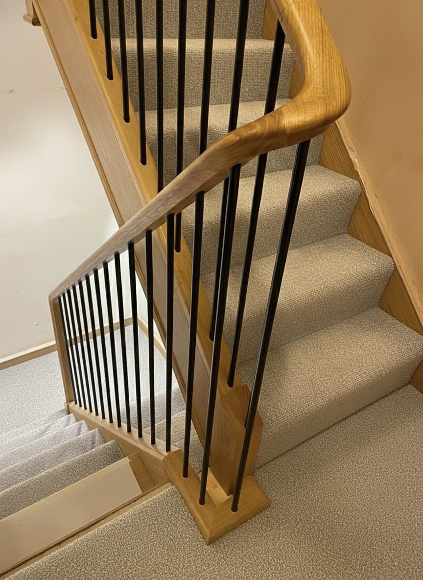 Renovated staircase with black iron spindles, a smoothly curved oak handrail and light carpeted turning steps.