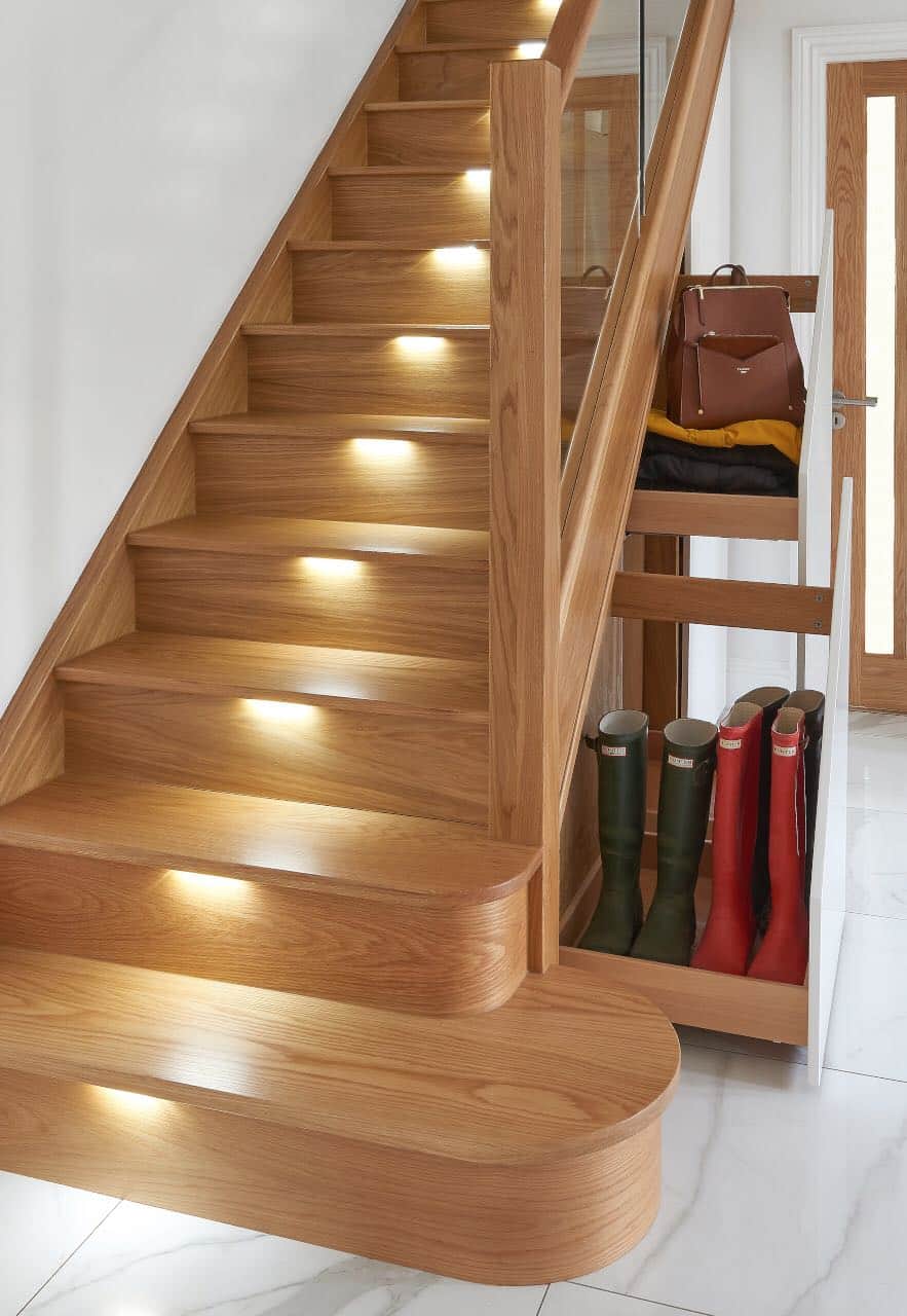 Solid oak, closed string staircase with anti slip oak treads