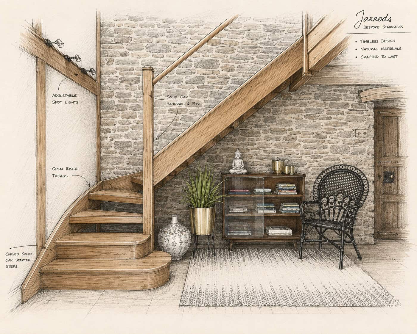 Annotated design sketch of an open-riser oak staircase with glass balustrades and curved wooden feature steps beside an exposed stone wall.