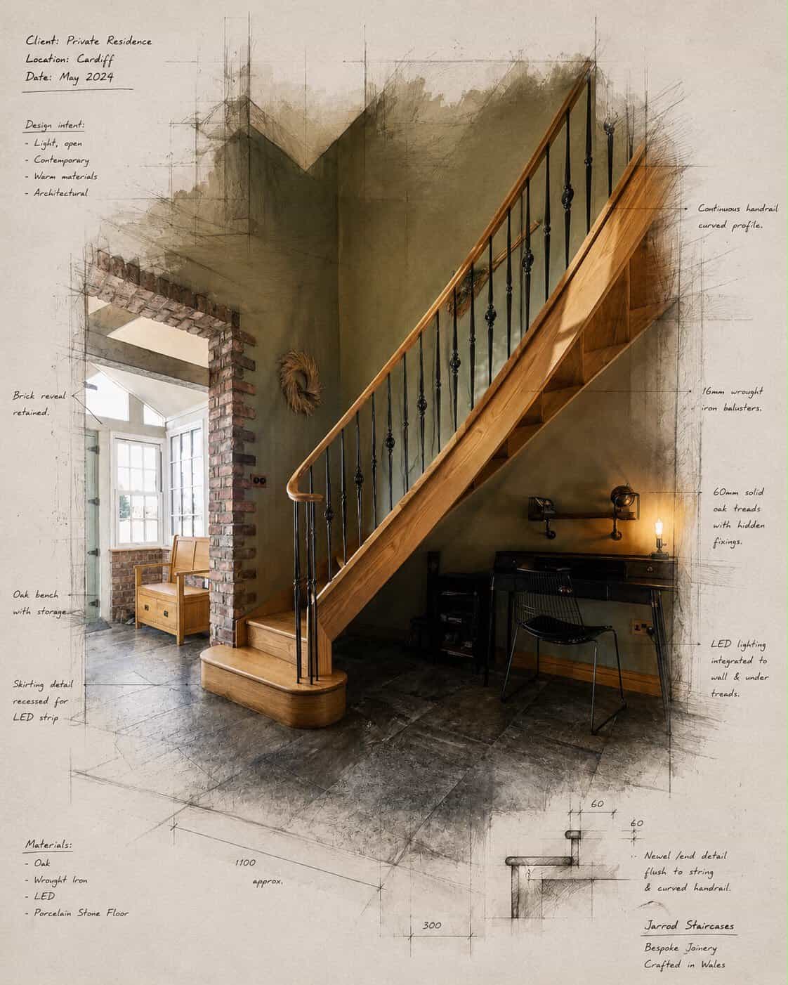 A flared helical staircase featuring a solid oak wreath handrail and solid steel spindles with a durable powder-coated finish Sketch