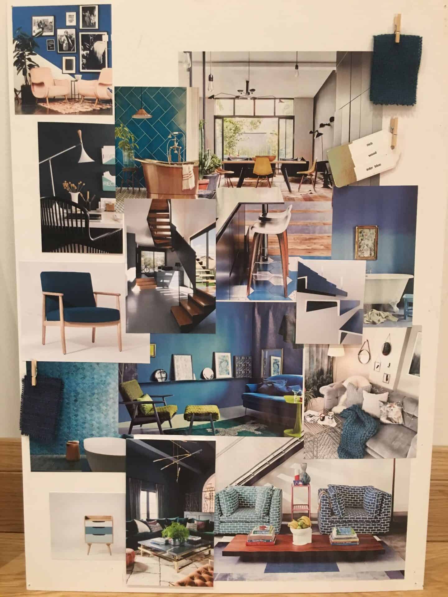 Interior design collage with blue tones and furniture.