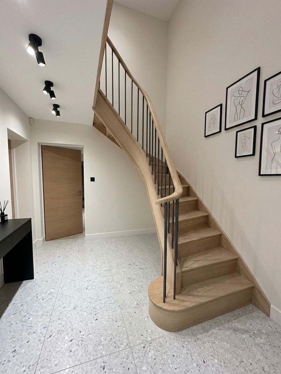Natural oak helical staircase with slender black metal spindles, a flowing curved wooden handrail and a rounded bottom step in a bright tiled hall.