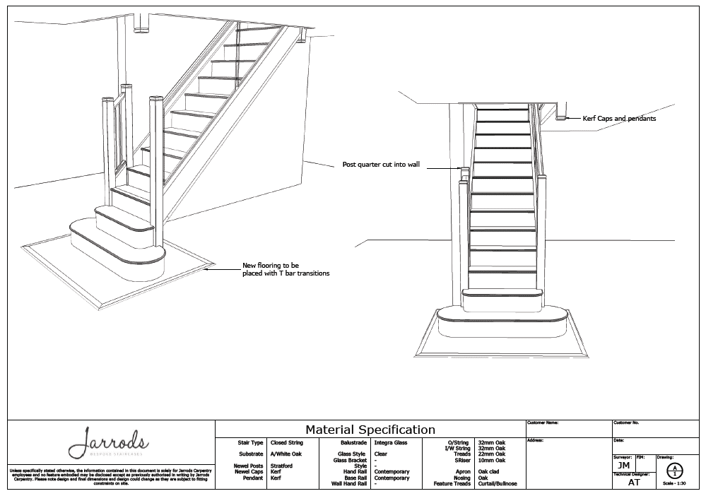 Staircase design with material specifications.