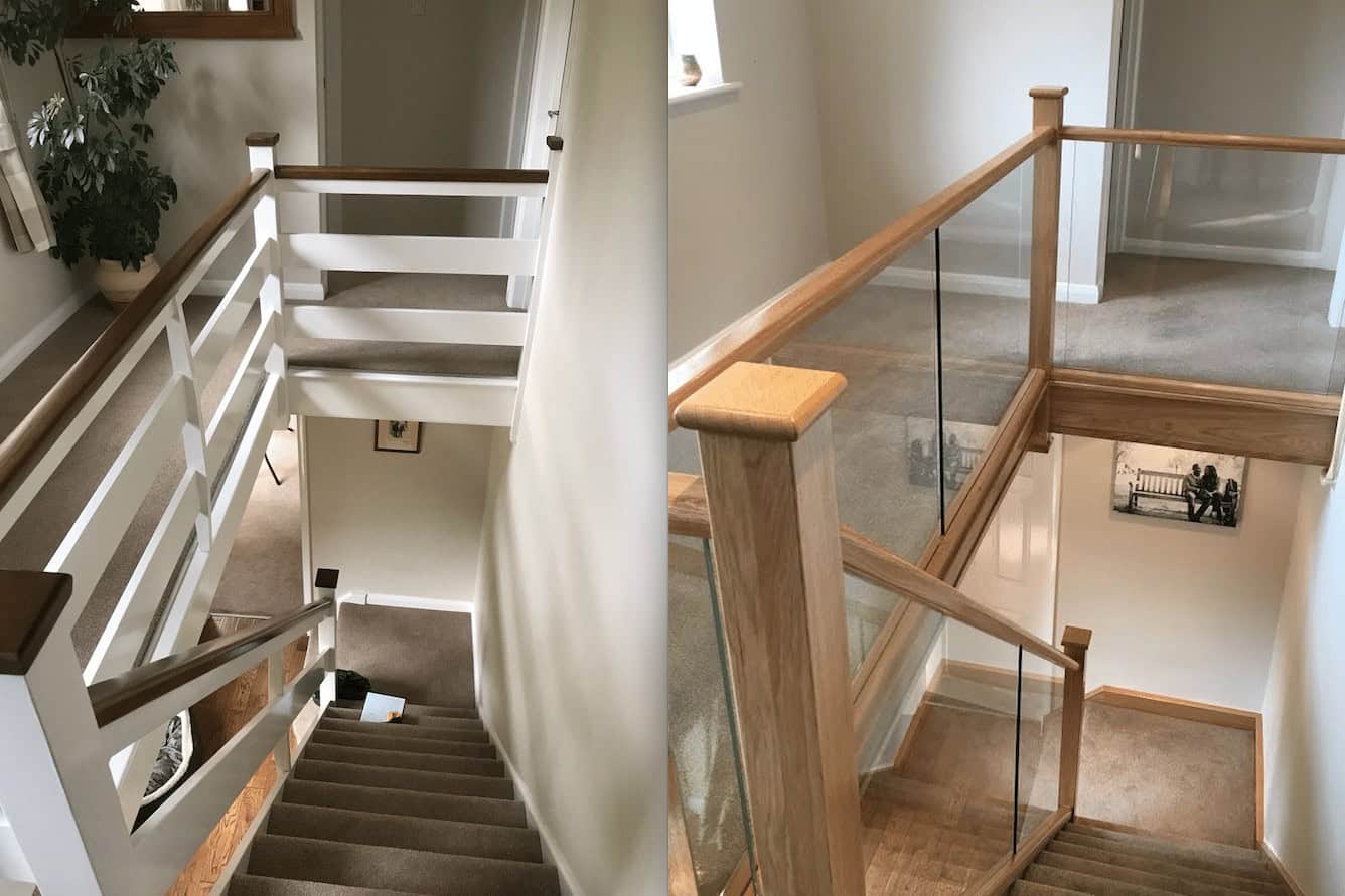 Stairs with wooden railing and carpeted landing.