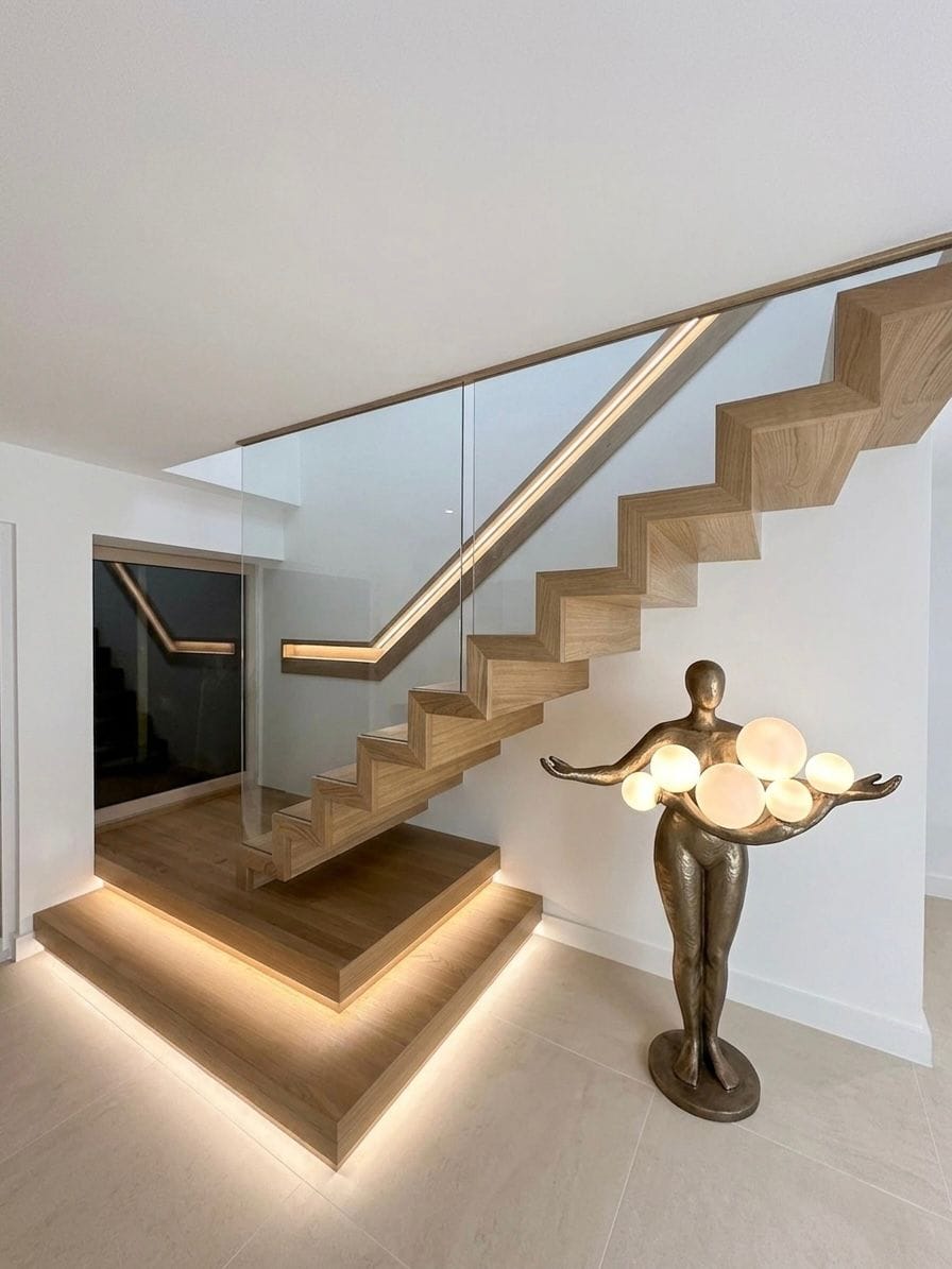 Zigzag wooden staircase with glass balustrades, an illuminated handrail and a lit feature platform at its base.