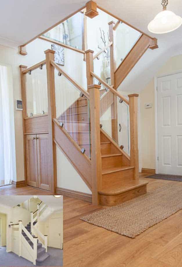 Oak staircase renovation with glass balustrades, square posts, an understair cupboard and a rounded bottom step, with a small before inset.