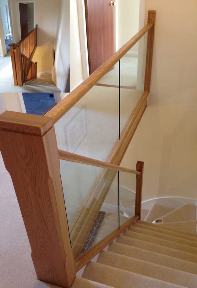 View down a light carpeted staircase beside a square oak newel post and integrated glass landing panels framed by oak rails.