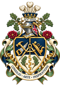 Heraldic crest featuring carpentry tools, oak leaves and the motto Consilio Arte Inspiratione.
