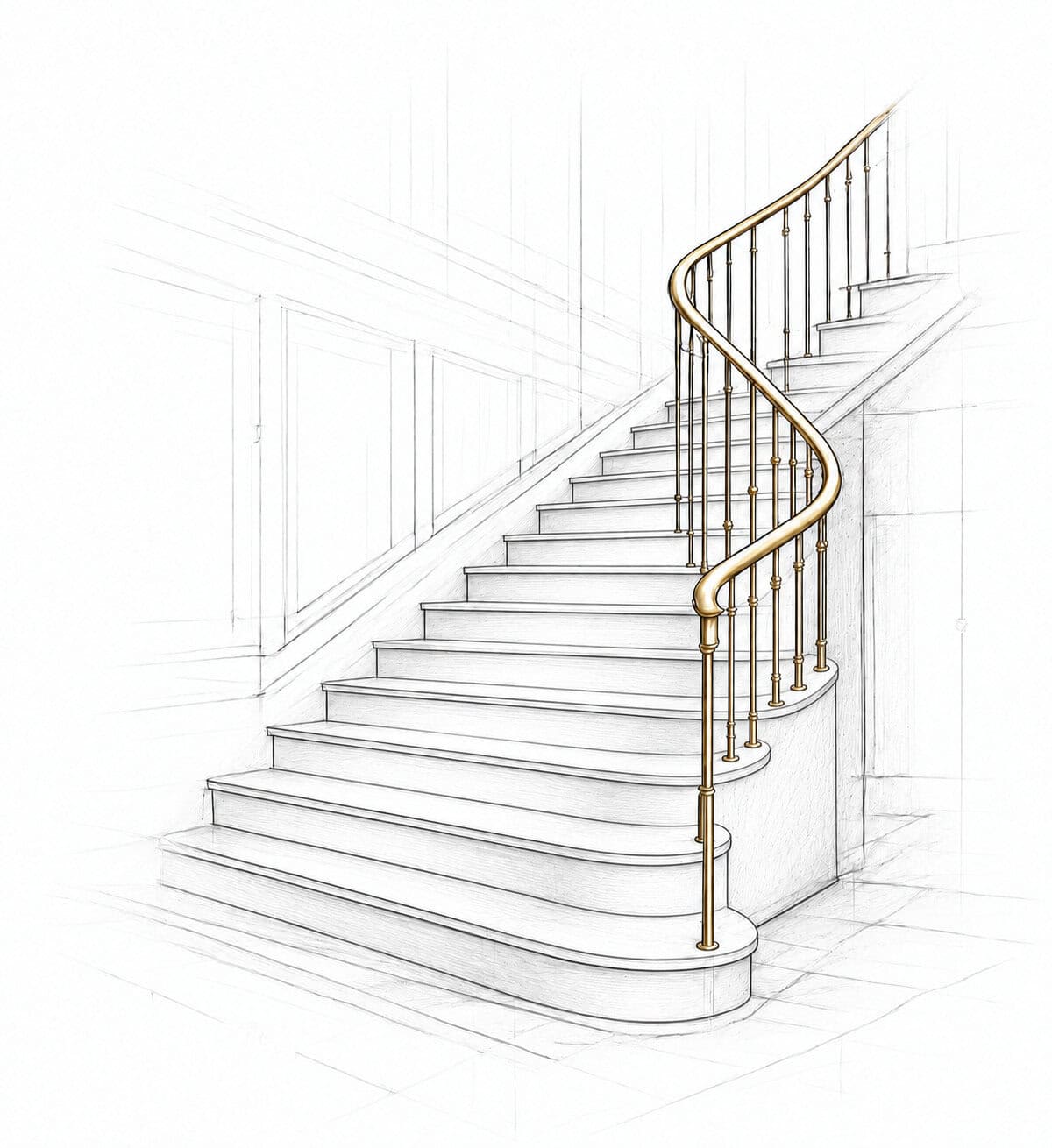 Design sketch of a sweeping staircase with wide curved lower steps, slender spindles and a continuous curved handrail.