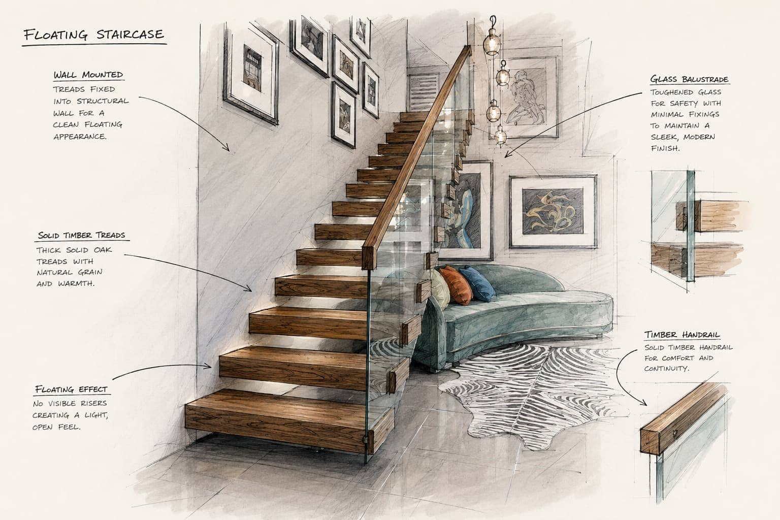 Annotated design sketch of a floating oak staircase showing wall-mounted timber treads, a glass balustrade and a wooden handrail.
