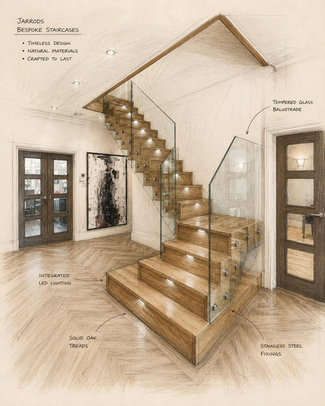Annotated design sketch of an oak staircase with illuminated treads, frameless glass balustrades and broad rectangular feature steps in a vaulted hallway.