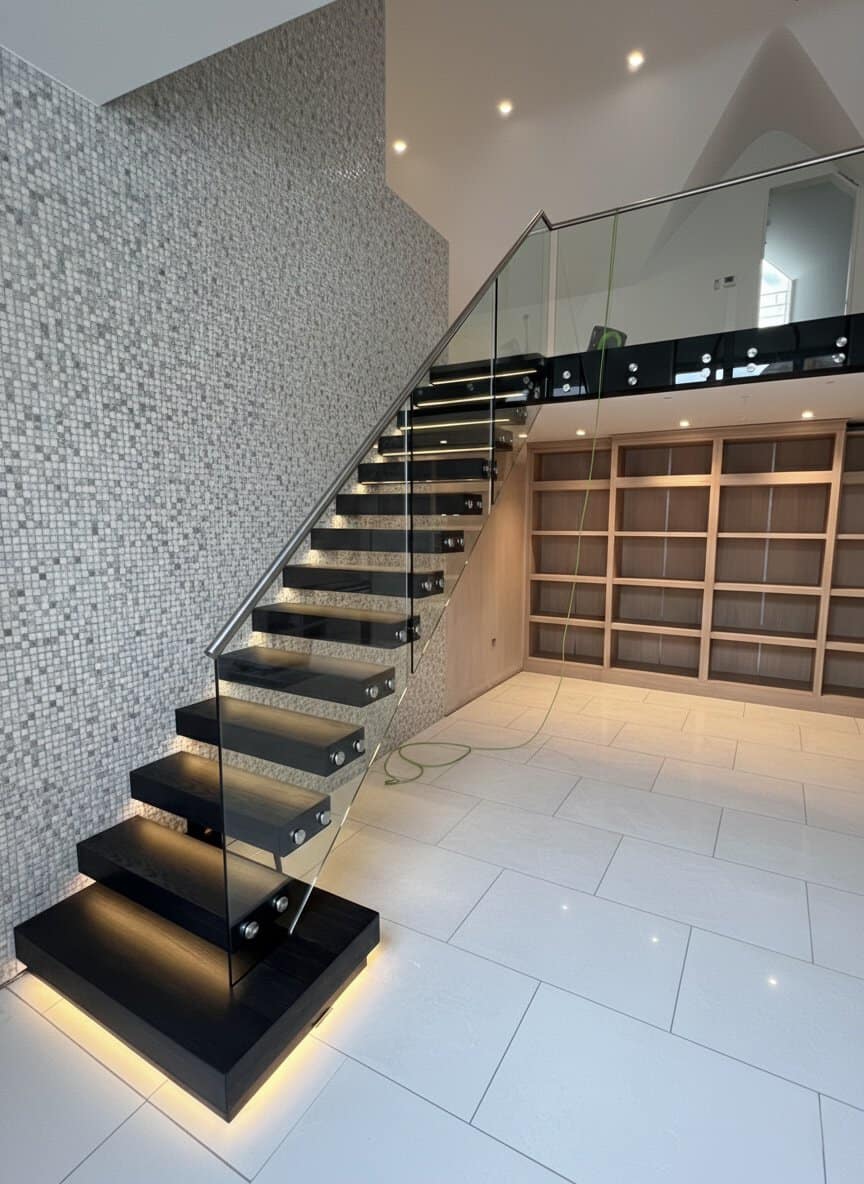 Dark floating staircase with illuminated open treads and frameless glass balustrades leading to a matching gallery landing.