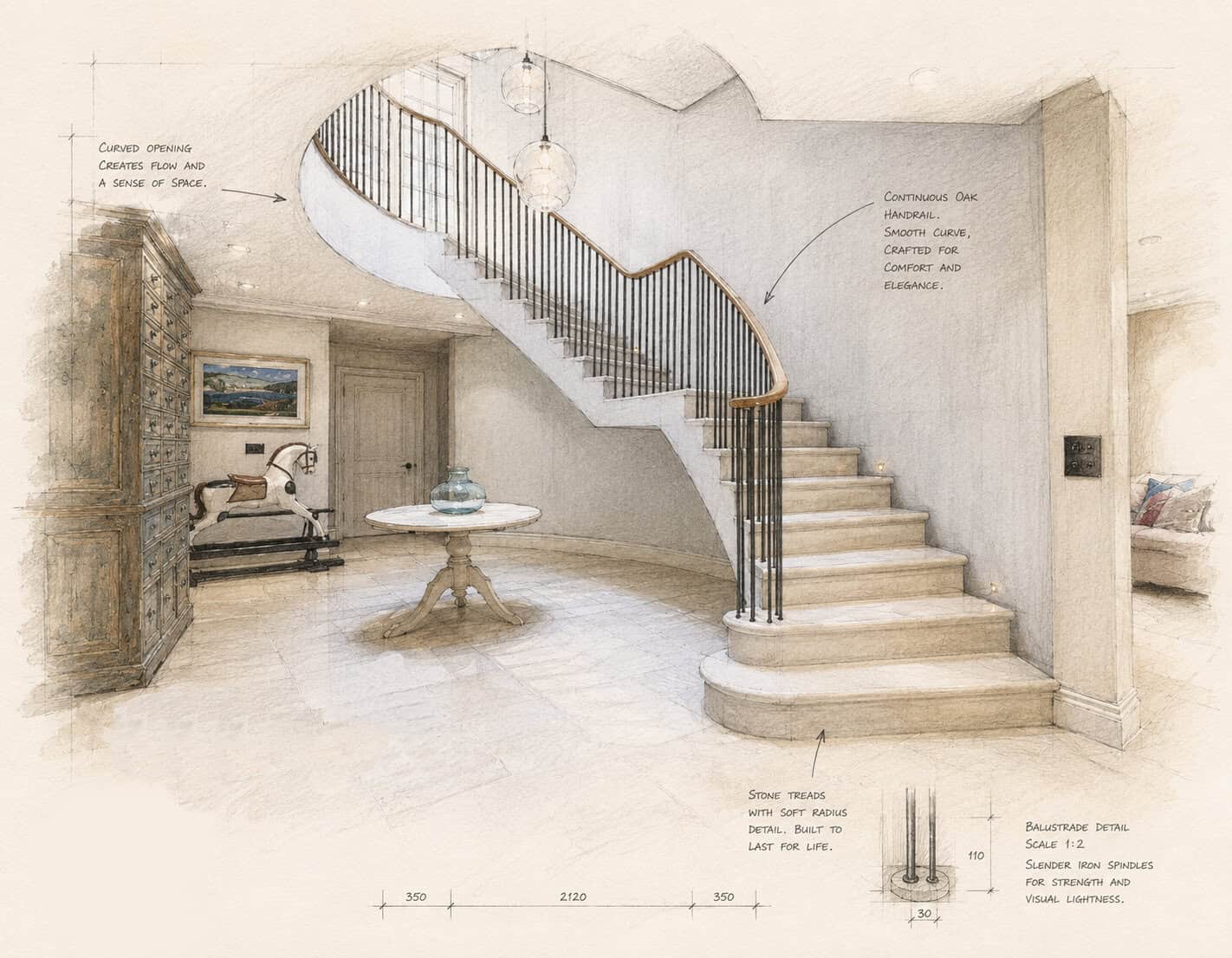 Annotated design sketch of a sweeping stone staircase with slender black iron spindles, a continuous curved oak handrail and broad rounded lower steps.