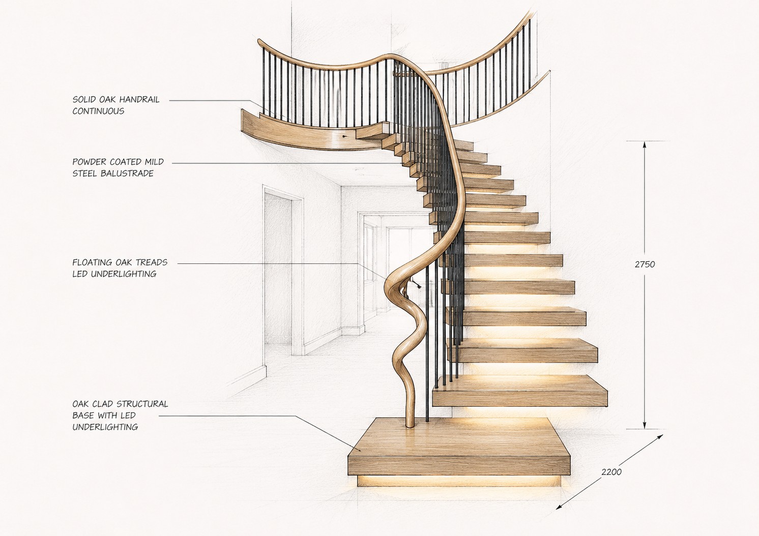 Annotated design drawing of a helical floating oak staircase with a continuous curved handrail, steel balustrade and LED underlighting.