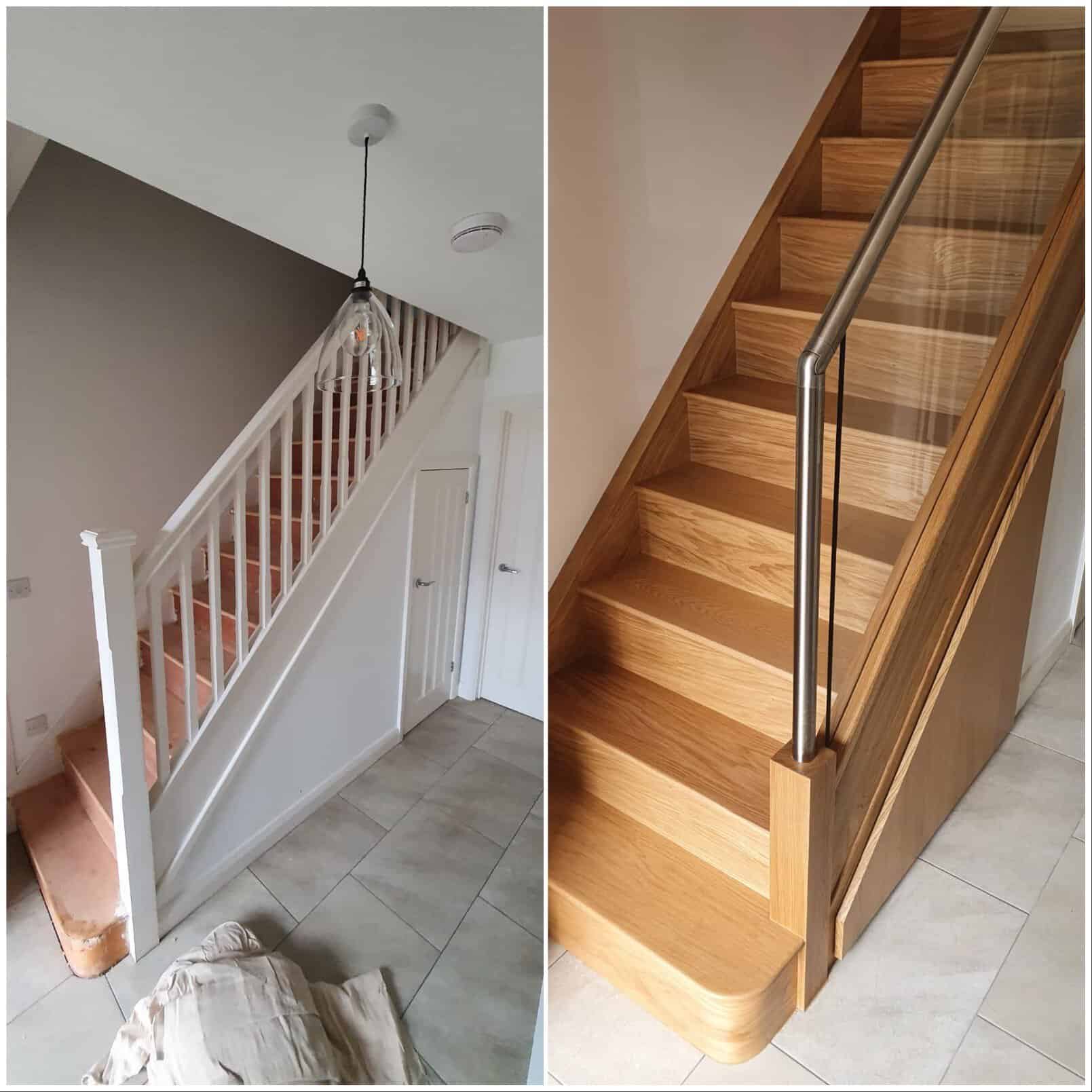 Before-and-after comparison of a white spindle staircase transformed into an oak staircase with glass panels, a stainless steel handrail and a rounded wooden bottom step.