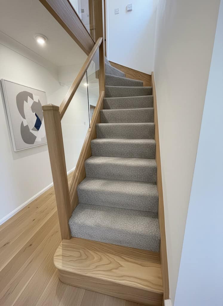 Grey carpeted turning staircase with oak rails, integrated glass panels and a rounded oak feature step in a narrow white hallway.