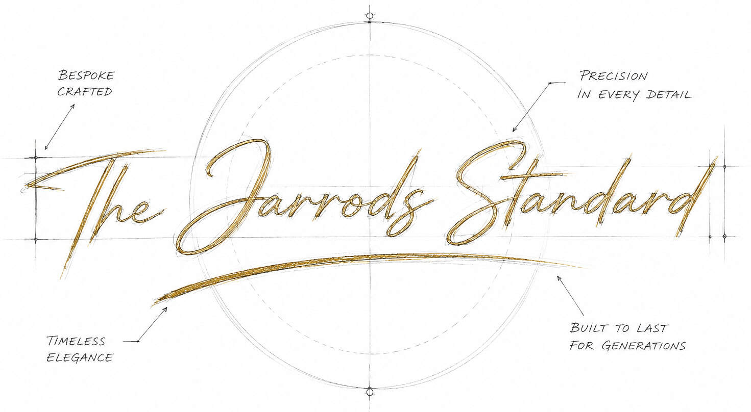 The Jarrods Standard wordmark sketched in gold with notes on bespoke craftsmanship, precision, timeless elegance and lasting quality.