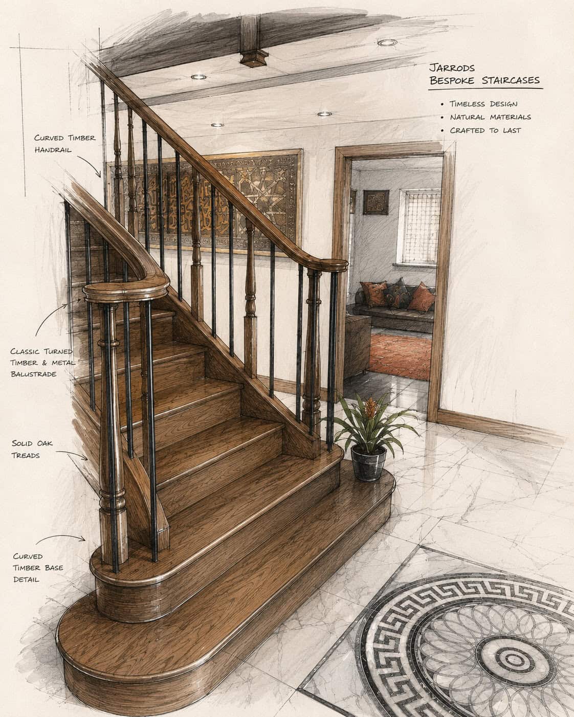 Annotated design sketch of a wooden staircase with decorative metal spindles, curved timber handrails and rounded feature steps.