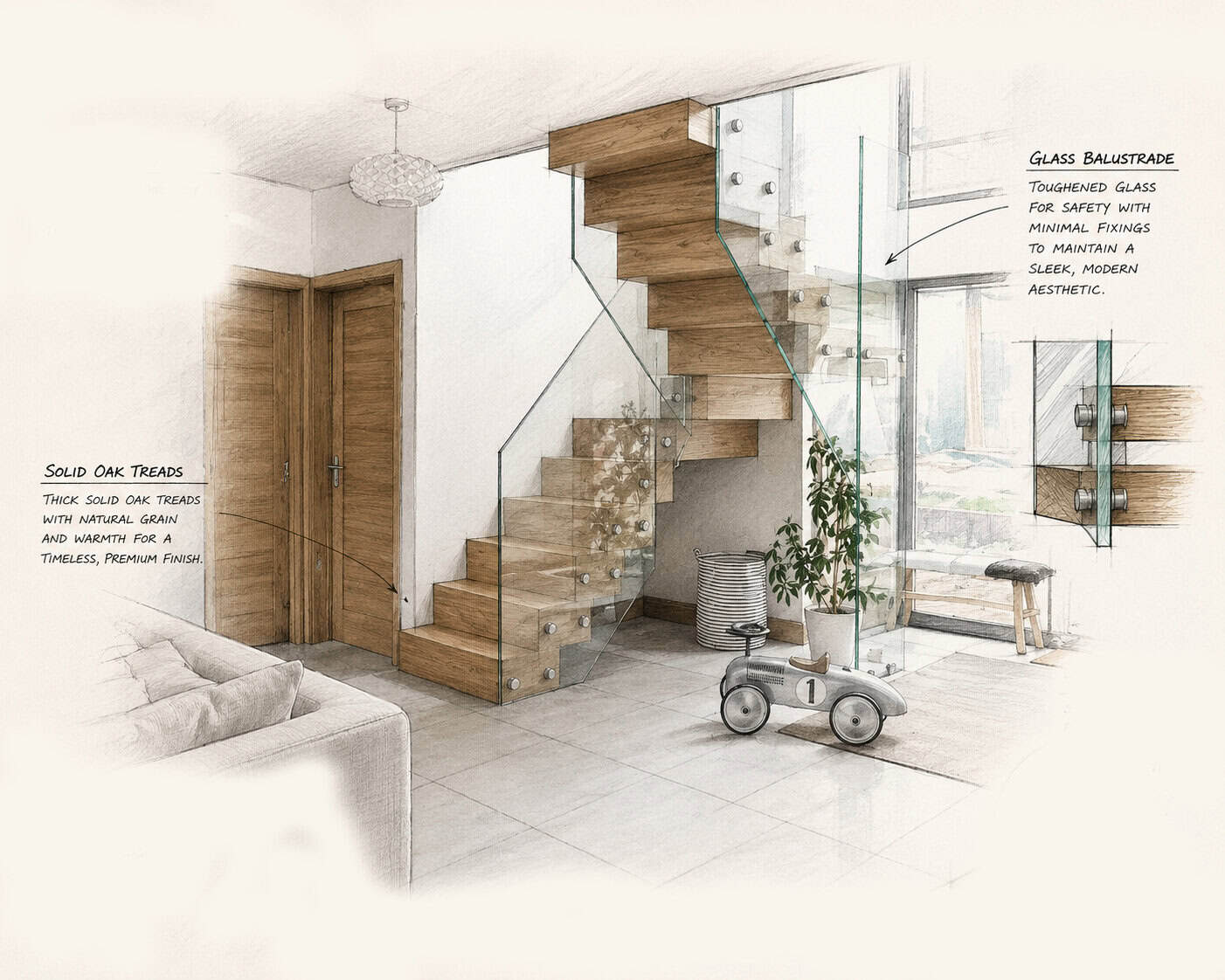 Annotated design sketch of a turning oak staircase with shaped glass balustrades, showing timber tread and glass fixing details.