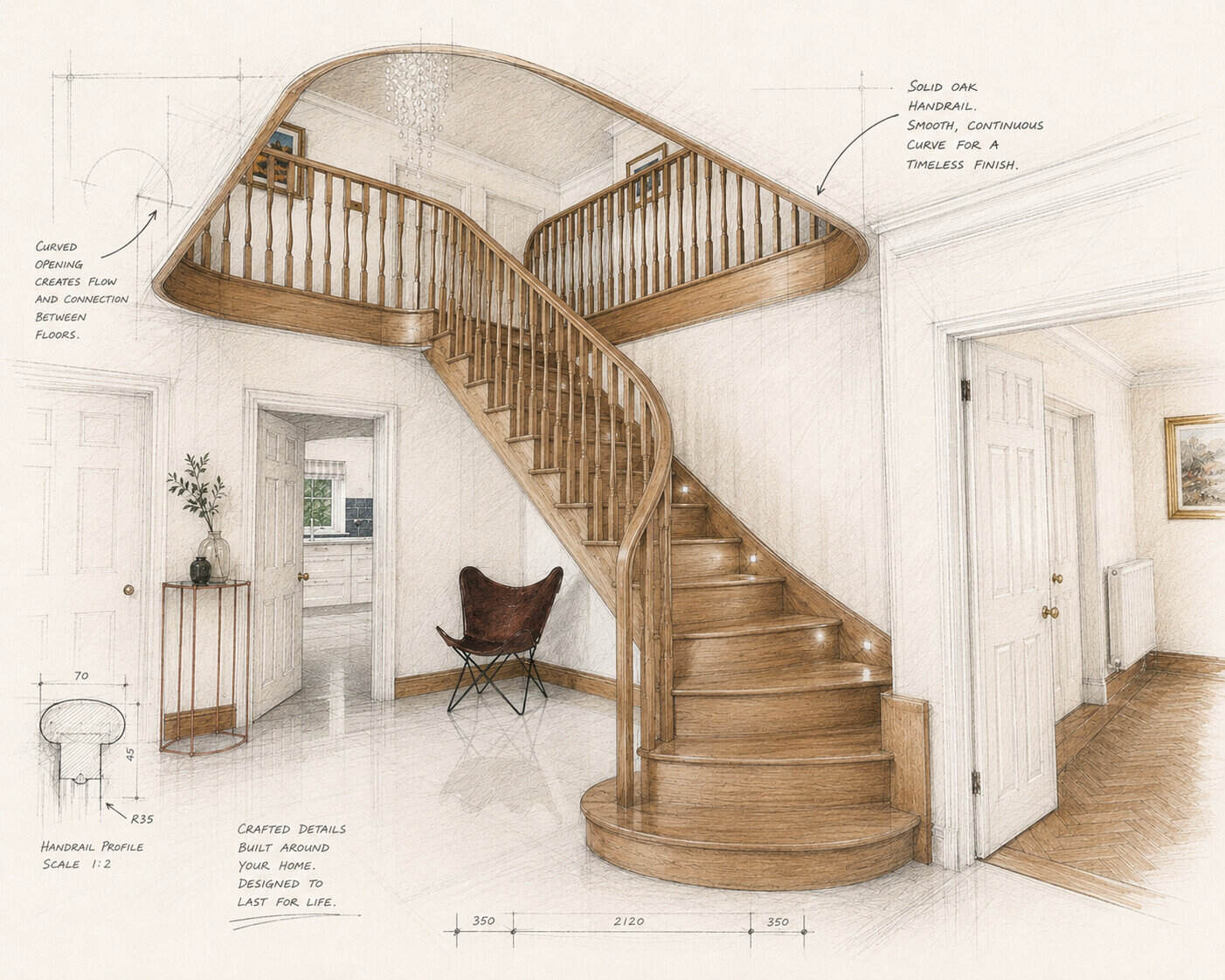 Annotated design sketch of a sweeping oak staircase with turned wooden spindles, recessed step lighting and a curved gallery landing around an oval stairwell.