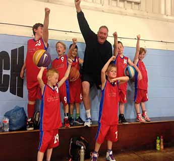 Group of kids and a coach celebrating with basketballs.