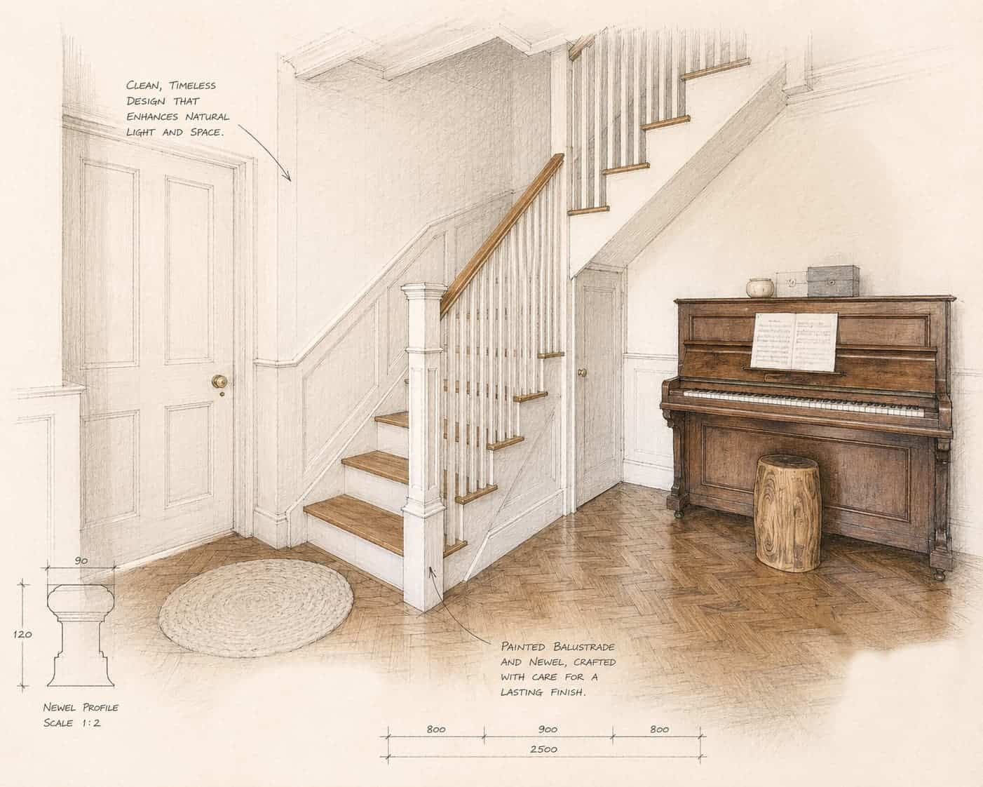 Annotated design sketch of a white painted staircase with oak treads and handrail, slender white spindles and a square newel post beside an upright piano.